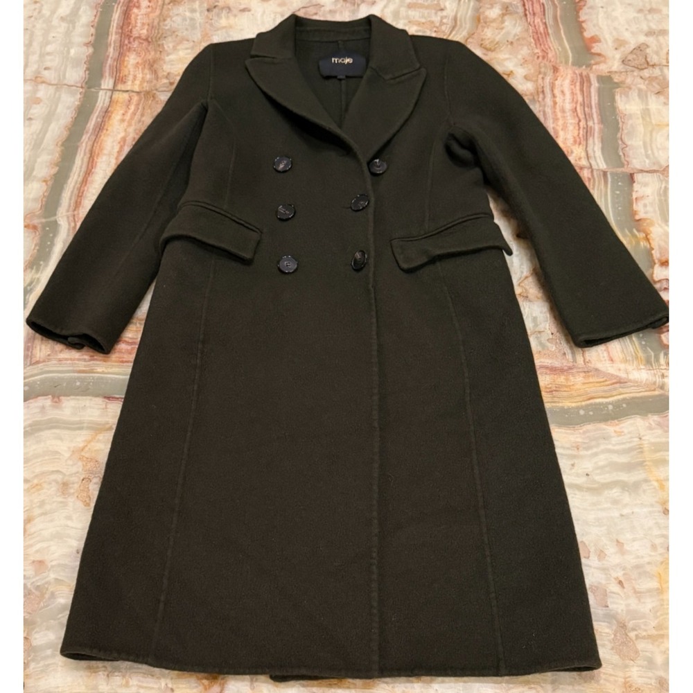 Maje Womens Double-Breasted Longline‎ Coat Dark Olive Green Outdoor Size 1